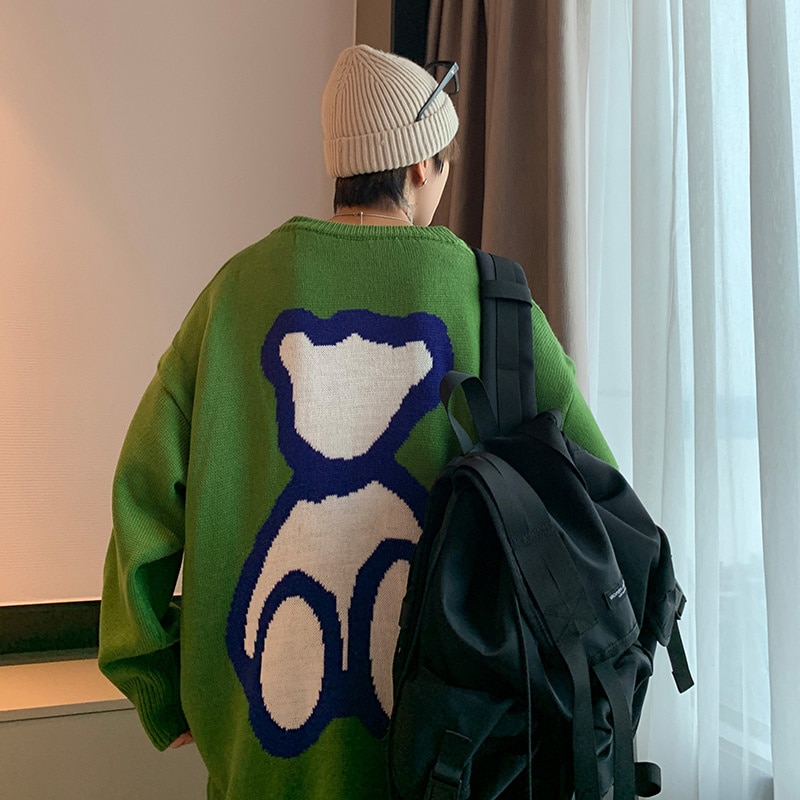 Cartoon Bear Sweater Men Winter Thick Warm O neck Knitted Sweaters Loose High Street Pullover Green Knitwear Sweater Men